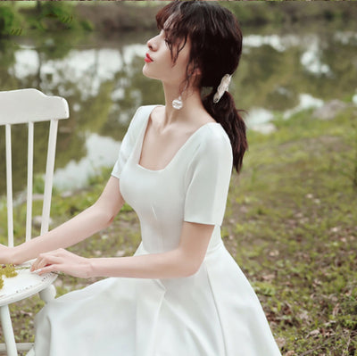 SS105 Simple Satin Tea-Length Bridal Dress