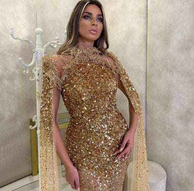 LG366 Luxury Gold beaded Pageant Gowns