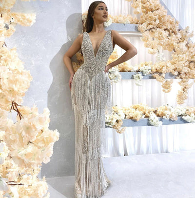 LG184 Luxury Deep-V Sequined Beading Tassel Pageant Gowns ( 2 Colors )
