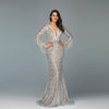 LG185 Luxury Silver V-Neck Tassel Beading Evening Dress
