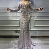 LG185 Luxury Silver V-Neck Tassel Beading Evening Dress