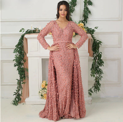 LG187 Blush Pink long sleeves flowers Evening Dress with overskirt