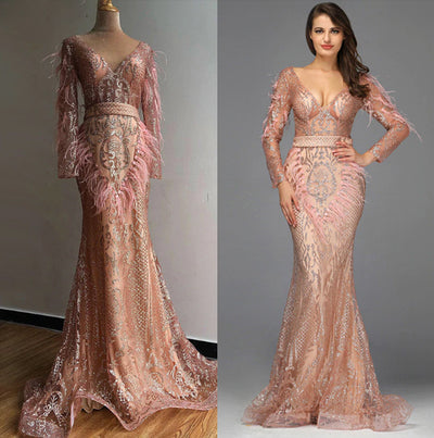 LG188 Luxury Rose Gold Long Sleeves Feathers Sequined Pageant Gowns