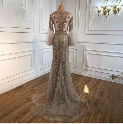 LG202 Luxury flare sleeves sequined beading Evening Gowns ( 3 Colors)