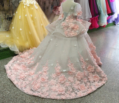 FG59 Luxury 3D Flowers Applique Puffy Tulle Princess Girl Dress