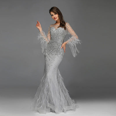 LG194 Luxury Long Sleeve beaded Feathers Evening Gown (3 Colors)