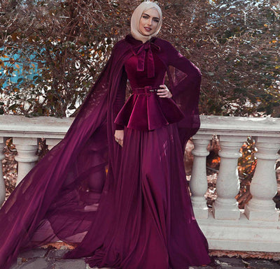 LG198 Muslim Wine Red  Evening Dresses + Long Shawl