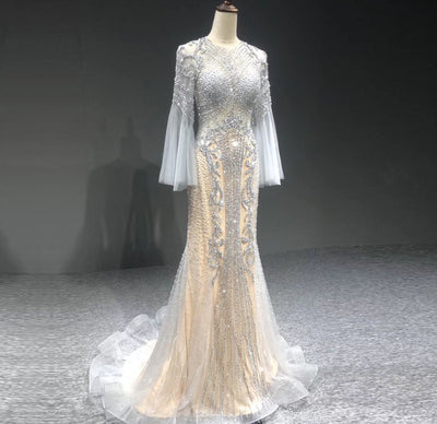 LG202 Luxury flare sleeves sequined beading Evening Gowns ( 3 Colors)
