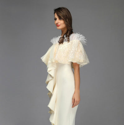 PP235 Classy Ivory  Feathers Evening Dress