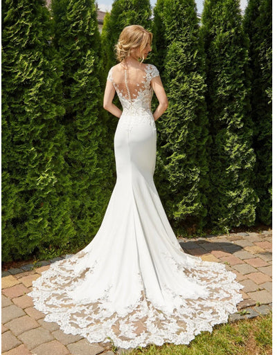CW147 Backless O-Neck Lace satin Mermaid Wedding Gown