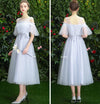 BH131 Boat Neck Flare Sleeves bridesmaid dresses (Gray/Champagne)