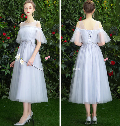 BH131 Boat Neck Flare Sleeves bridesmaid dresses (Gray/Champagne)