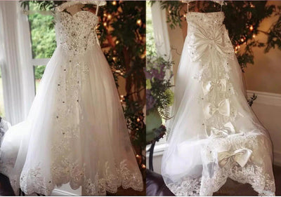 FG106 Luxury Boat neck Flower Girls Dress with long tail