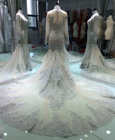 CW161 Long Sleeves High Neck Mermaid Wedding Dress with  Train