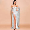 MX206 Silver Off Shoulder Long Sleeve Split Glitter Dress