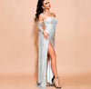 MX206 Silver Off Shoulder Long Sleeve Split Glitter Dress