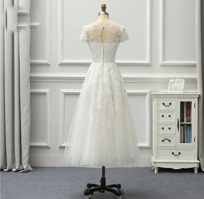 SS50 Simple Short Sleeve Lace Tea Length Beach Wedding Dress
