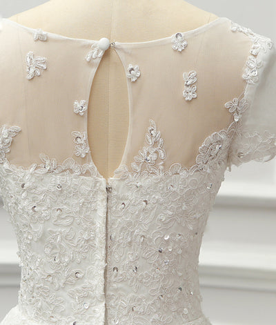 SS50 Simple Short Sleeve Lace Tea Length Beach Wedding Dress