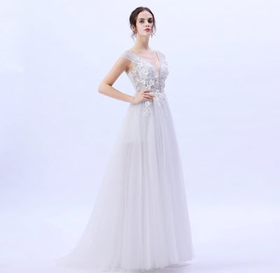 PP253 White Lace Flower Beading High-split Beach Prom Gown