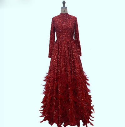 LG325 Real Photo Sequins Feathers Muslim Evening Gowns(Custom Colors)