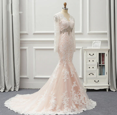 CW181 Real Photo High-Quality long sleeve lace mermaid Bridal gown.