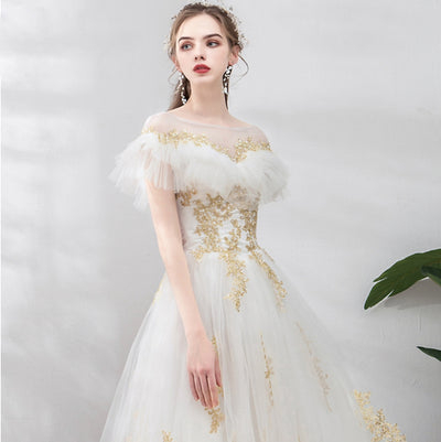 CG86 Cheap o-neck tulle gold embroidery Wedding dresses