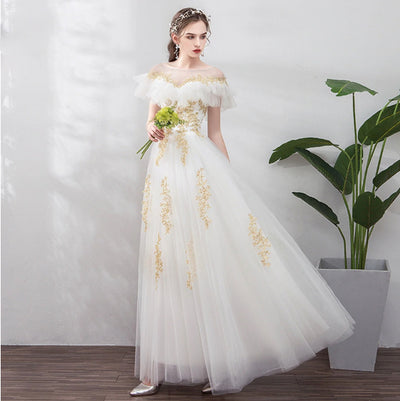 CG86 Cheap o-neck tulle gold embroidery Wedding dresses