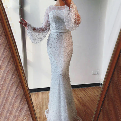 LG241 Plus size Full Pearls beaded Mermaid Evening Dresses (7 Colors)