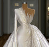 HW398 One Shoulder Long Sleeve mermaid Bridal gown with detachable Train