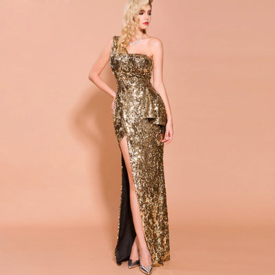 PP257 Gold High Split Sequin Evening Dress