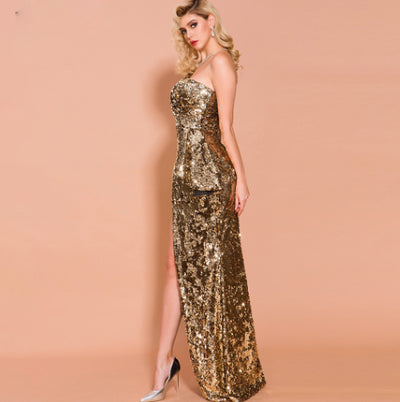 PP257 Gold High Split Sequin Evening Dress