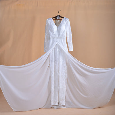 PD19 Classy lace Bridal Jumpsuits dress with sweep train