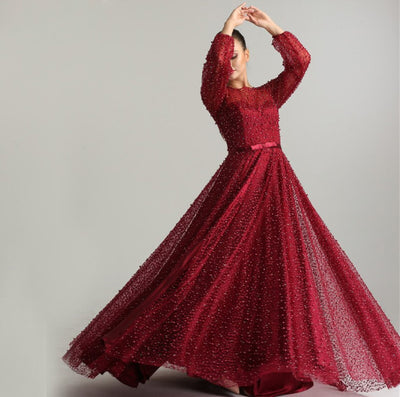 LG249 Lantern sleeve high split pearls Evening Dresses(Wine red/Green)