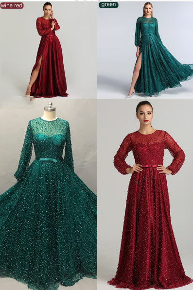 LG249 Lantern sleeve high split pearls Evening Dresses(Wine red/Green)