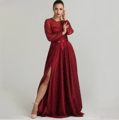 LG249 Lantern sleeve high split pearls Evening Dresses(Wine red/Green)