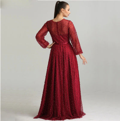 LG249 Lantern sleeve high split pearls Evening Dresses(Wine red/Green)