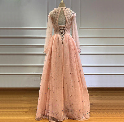 LG250 Peach flower pearls Long Sleeves Dubai Evening Dress