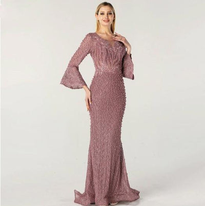 LG252 Plus size Muslim Pink Pearls beaded Evening Dress