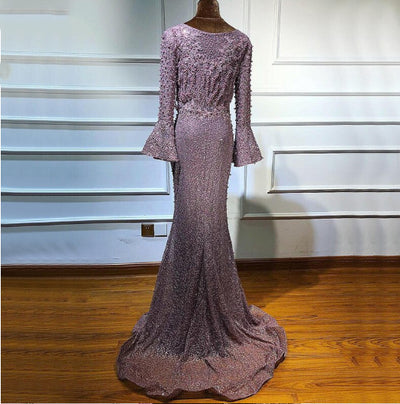 LG252 Plus size Muslim Pink Pearls beaded Evening Dress