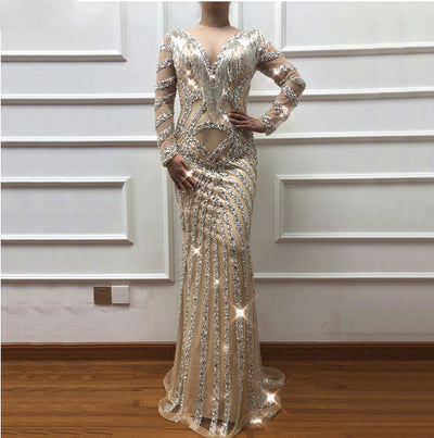 LG43 Evening gown Long Sleeves deep v neck tassel