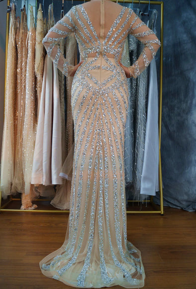 LG43 Evening gown Long Sleeves deep v neck tassel