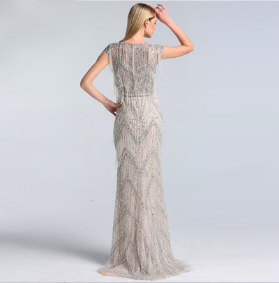 LG131 Glamorous Silver V-Neck Tassel  Evening Gowns
