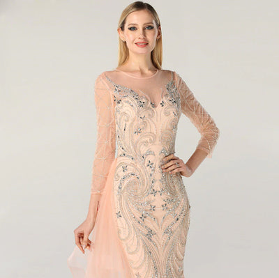 LG133 Peach Daimond beaded Long Sleeves Evening Gowns