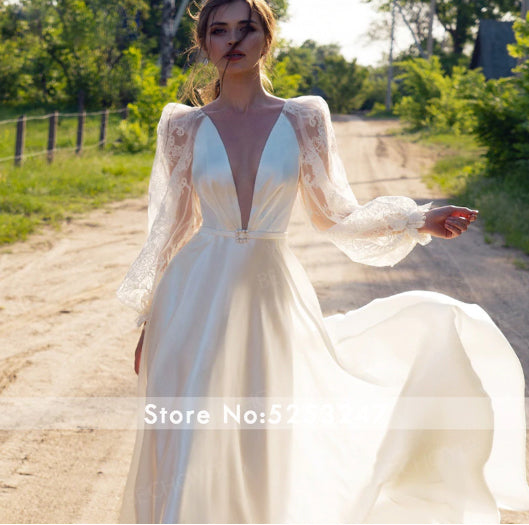 HW134 Deep V-neck Puff Sleeves Satin A-Line Garden Wedding Dress ...