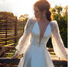 HW134 Deep V-neck Puff Sleeves Satin A-Line  Garden Wedding Dress