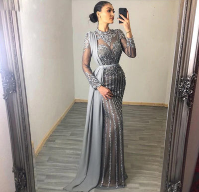 LG183 : 2 Styles Long Sleeves full diamond beaded Evening Dresses(5 Colors)
