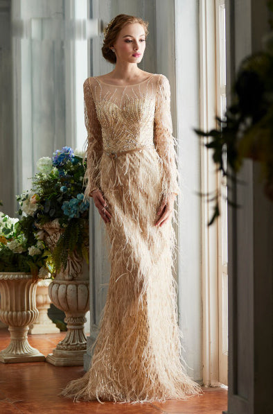 LG273 Luxury Champagne Beading Feathers Evening Gown