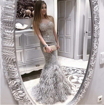 LG275 Luxurious silver full Diamond Feathers mermaid Evening Gown
