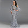LG276 Luxury Grey O-Neck Feathers Crystal Evening Gown with jacket