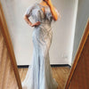 LG278 Silver Diamond beaded Evening gowns with feather shawl